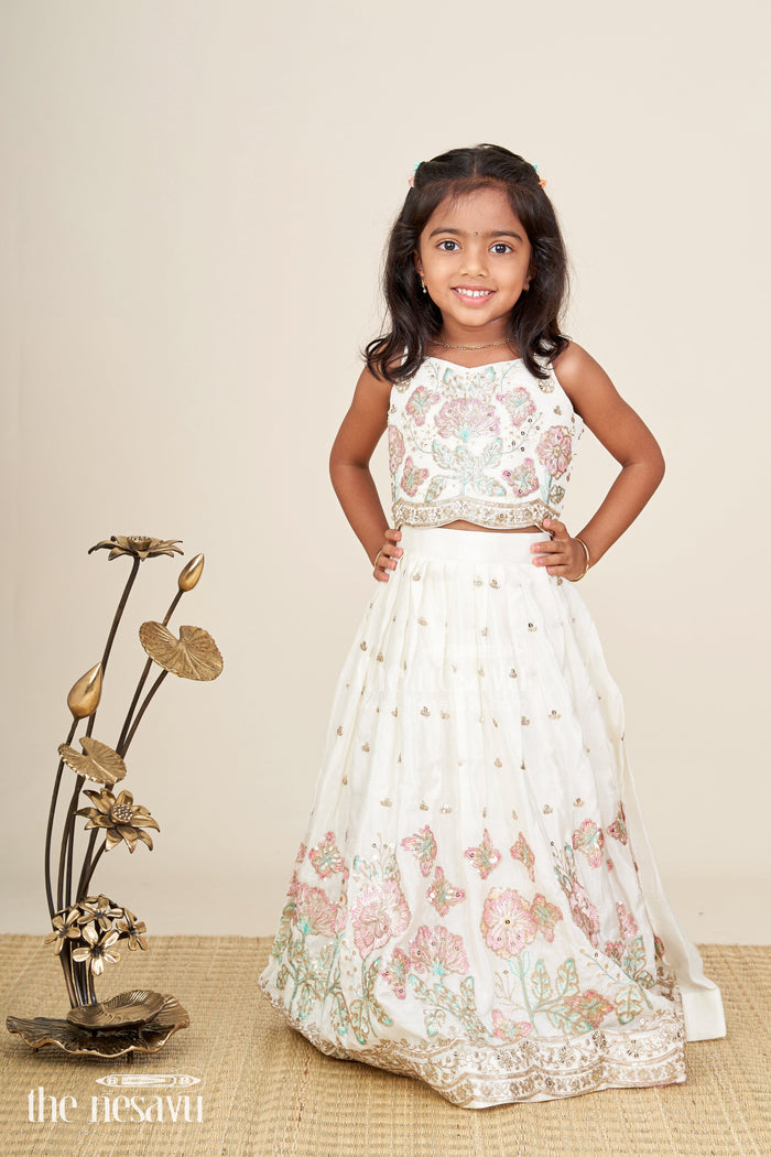 The Nesavu Girls Fancy Lehenga Fancy lehenga for baby girls with pastel embroidery and organza dupatta Nesavu Nesavu white baby girls fancy lehenga with pastel embroidery and organza dupatta for weddings