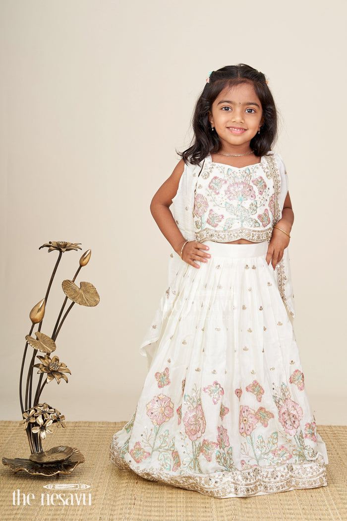 The Nesavu Girls Fancy Lehenga Fancy lehenga for baby girls with pastel embroidery and organza dupatta Nesavu Nesavu white baby girls fancy lehenga with pastel embroidery and organza dupatta for weddings