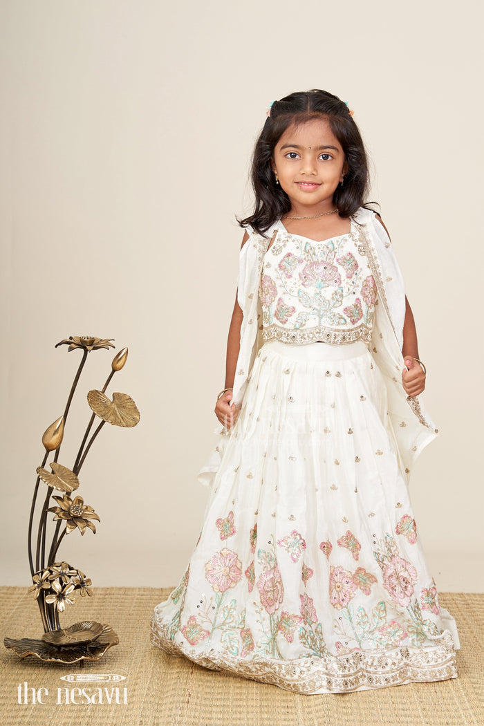 The Nesavu Girls Fancy Lehenga Fancy lehenga for baby girls with pastel embroidery and organza dupatta Nesavu Nesavu white baby girls fancy lehenga with pastel embroidery and organza dupatta for weddings
