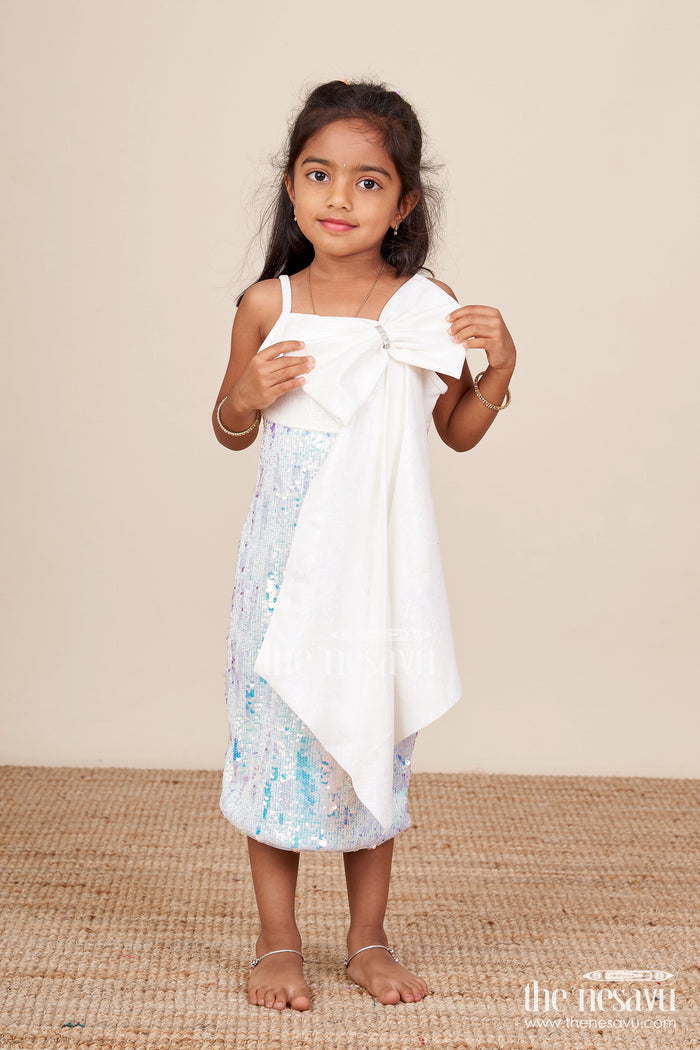 The Nesavu Girls Fancy Party Frock Fancy Party Frock for Baby Girl with Sequin Sparkle and Satin Bow Nesavu 18 (2Y) / Blue PF274A-18 Nesavu baby girl sequin party frock bow matching bag birthdays events
