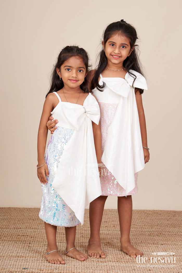 The Nesavu Girls Fancy Party Frock Fancy Party Frock for Baby Girl with Sequin Sparkle and Satin Bow Nesavu Nesavu baby girl sequin party frock bow matching bag birthdays events