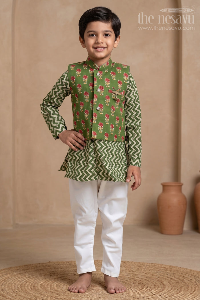 The Nesavu Boys Jacket Sets Fashionable Green Zig-Zag Printed Kurta Set with Overjacket for Boys Nesavu 10 (NB) / Green / Cotton BES289A-10 Festive Wear Collection For Boys | The Nesavu