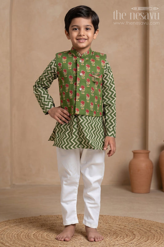 The Nesavu Boys Jacket Sets Fashionable Green Zig-Zag Printed Kurta Set with Overjacket for Boys Nesavu 10 (NB) / Green / Cotton BES289A-10 Festive Wear Collection For Boys | The Nesavu