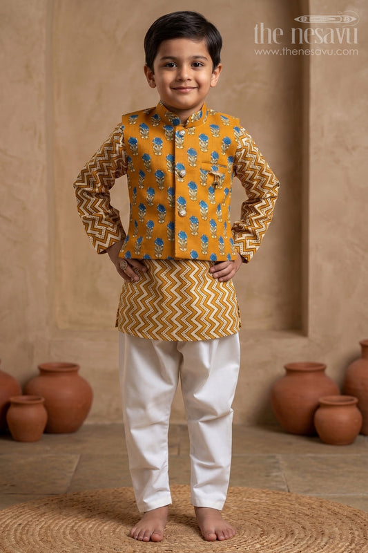 The Nesavu Boys Jacket Sets Fashionable Mustard Yellow Zig-Zag Printed Kurta Set with Overjacket for Boys Nesavu 10 (NB) / Yellow BES289C-10 Traditional Kids Wear | The Nesavu