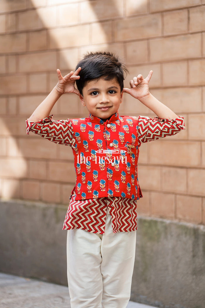 The Nesavu Boys Jacket Sets Fashionable Red Zig-Zag Printed Kurta Set with Overjacket for Boys Nesavu Red Zigzag Print Kurta with Overjacket Boys