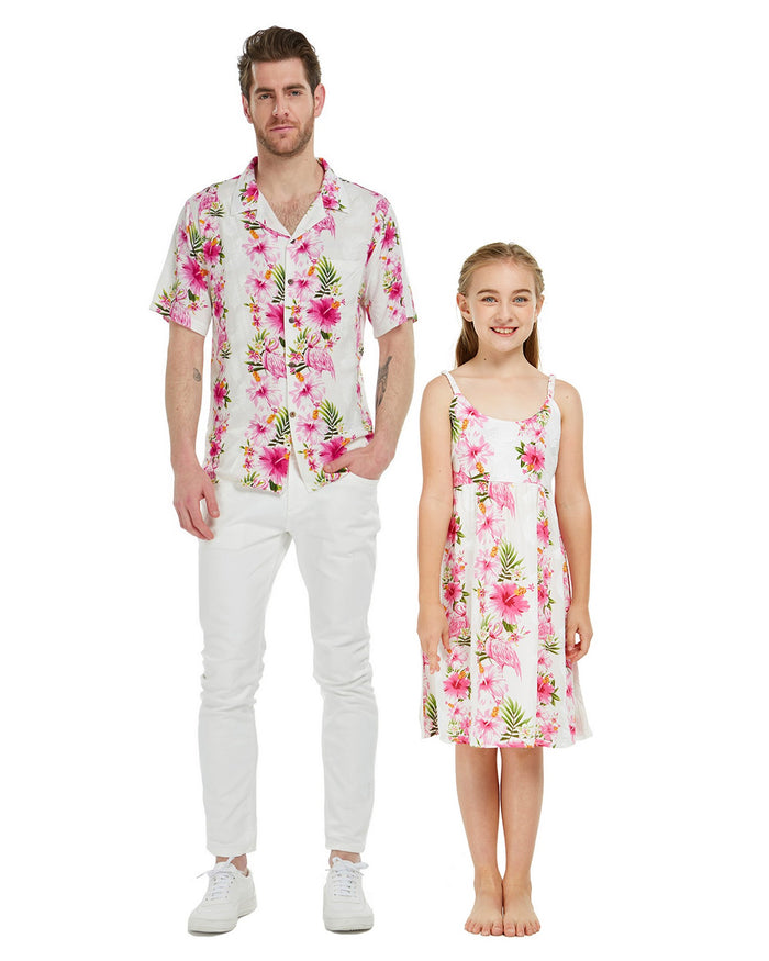 Father Daughter Niihau Set Pink Hibiscus Vine White