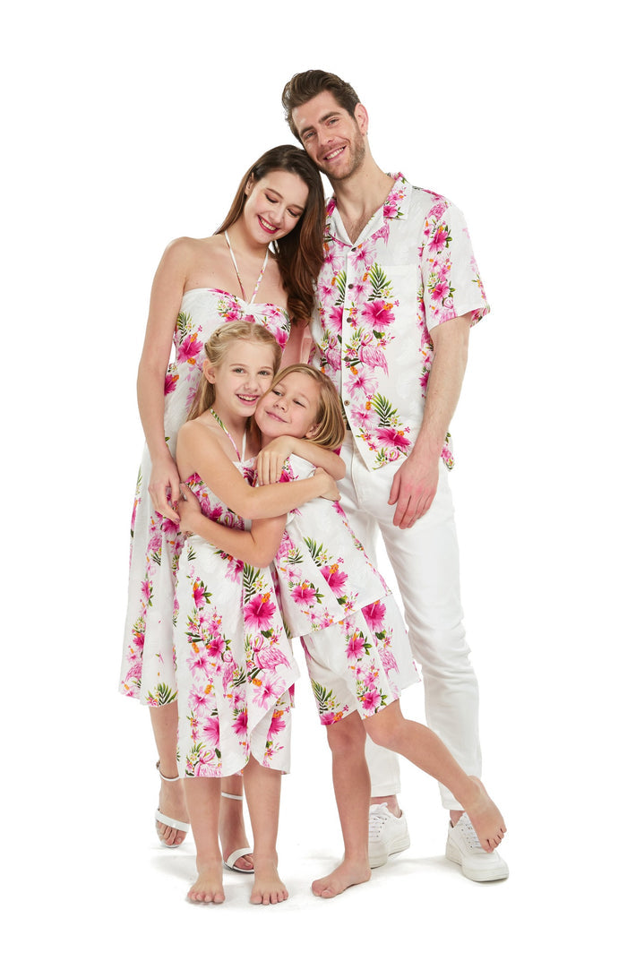 Father Daughter Niihau Set Pink Hibiscus Vine White