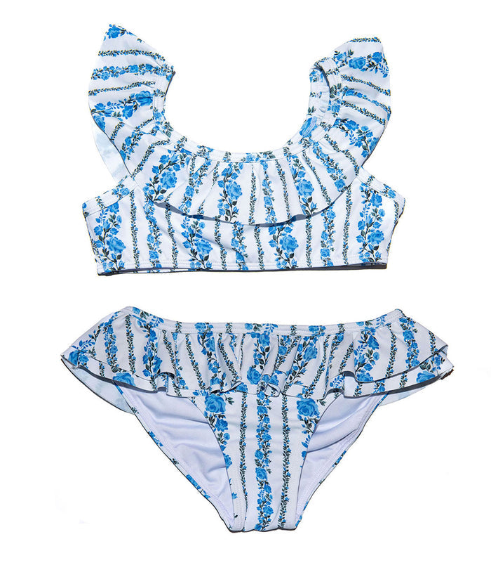 FBZ Girls Blue Stripe Floral Ruffle Bikini Distressed/seasonal girls FBZ Flowers By Zoe Floral Y/6