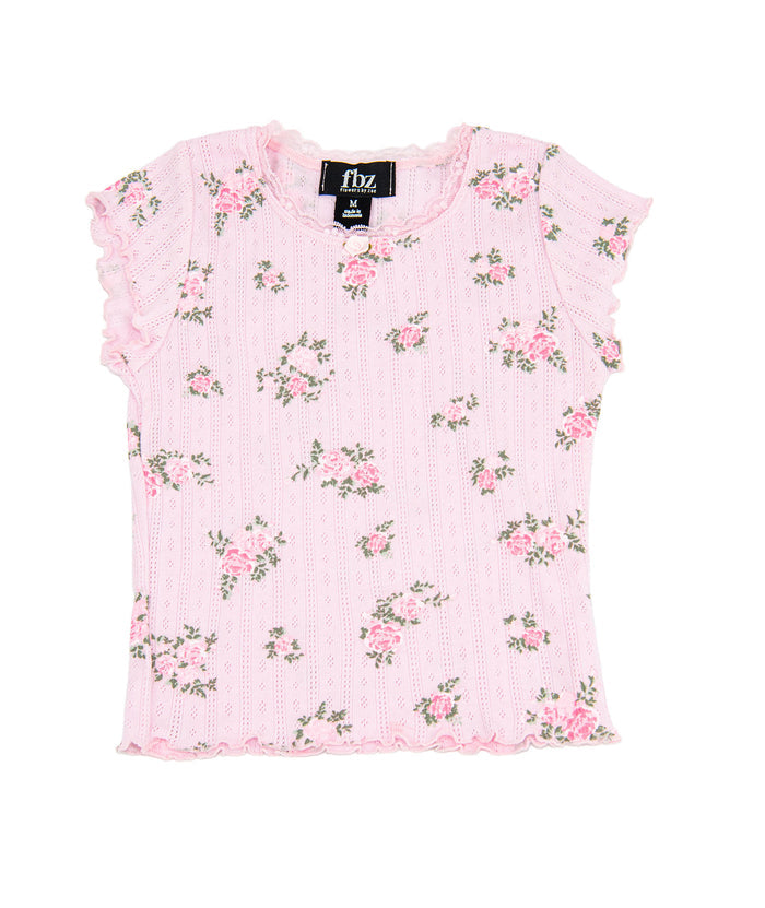 FBZ Girls Emily Pointelle Pink Lace Floral Tee Distressed/seasonal girls FBZ Flowers By Zoe Floral Y/5