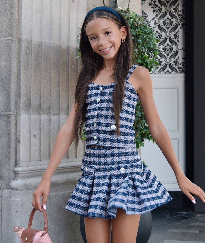 FBZ Girls Freddie Blue Houndstooth Tweed Skort Girls Casual Bottoms FBZ Flowers By Zoe Multi Y/S (7/8)
