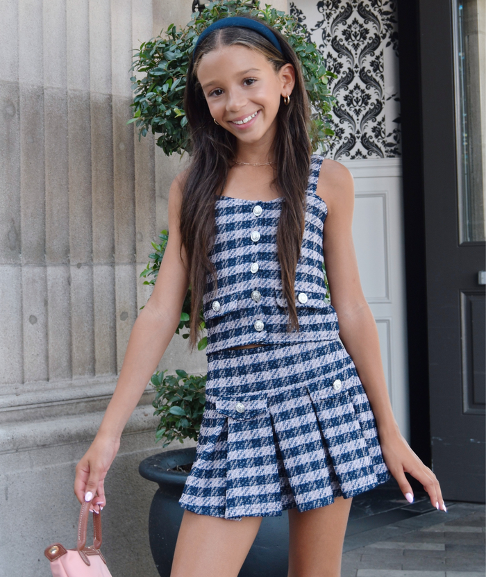 FBZ Girls Freddie Blue Houndstooth Tweed Tank Girls Casual Bottoms FBZ Flowers By Zoe Multi Y/S (7/8)