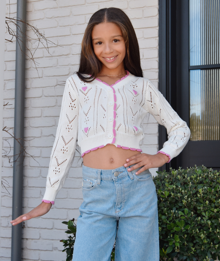 FBZ Girls Lucie Crochet Pink Heart Cardigan Distressed/seasonal girls FBZ Flowers By Zoe White Y/4