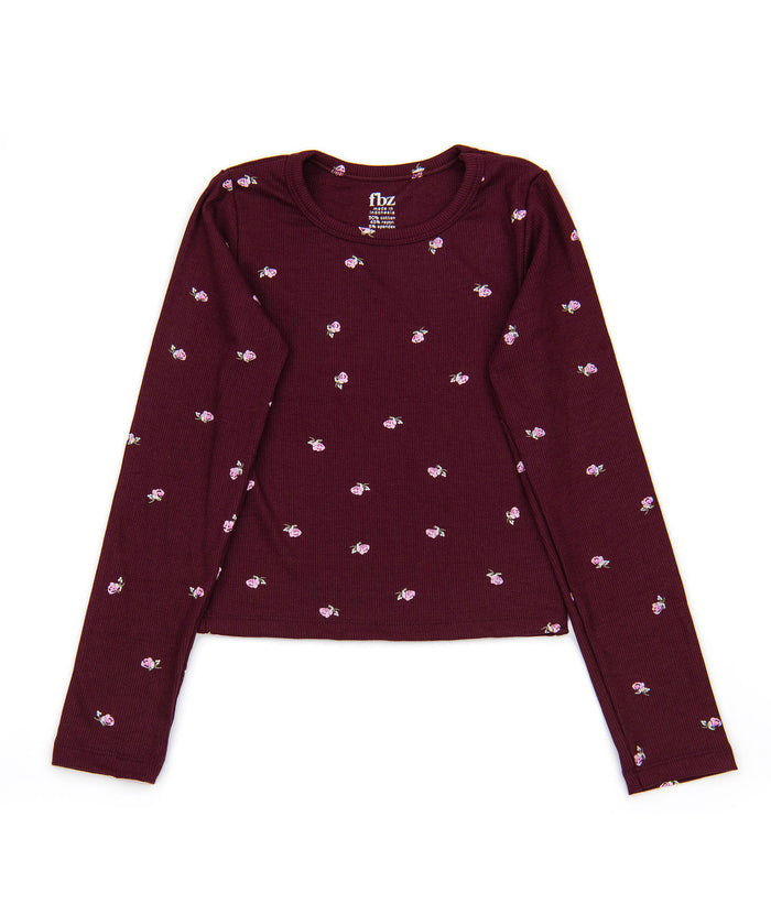 FBZ Girls Meadow Burgundy Floral Rib Tee Girls Casual Tops FBZ Flowers By Zoe Burgundy Y/S (7/8)