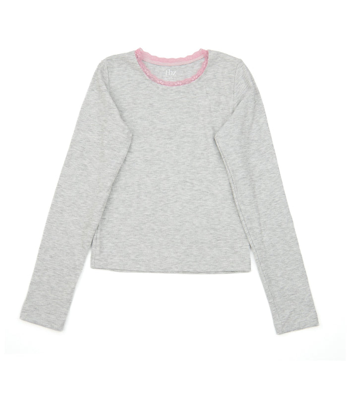 FBZ Girls Weslie Long Sleeve Rib Tee With Pink Lace Girls Casual Tops FBZ Flowers By Zoe Grey Y/XS (6X)