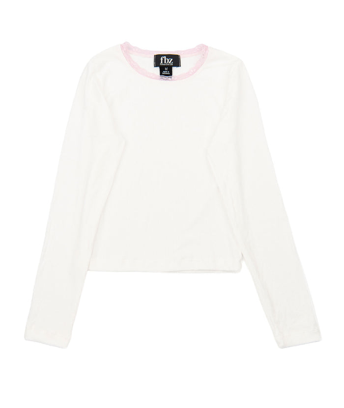 FBZ Girls Weslie Long Sleeve Rib Tee With Pink Lace Girls Casual Tops FBZ Flowers By Zoe Ivory Y/XS (6X)