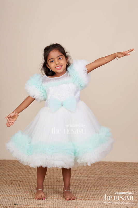 The Nesavu Girls Fancy Party Frock Feather-Trimmed Soft Net Party Frock for Baby Girls Dreamy Look for Birthdays Nesavu 16 (1Y) / Green PF256A-16 Feather-trimmed baby girl party frock soft net  perfect birthdays celebrations