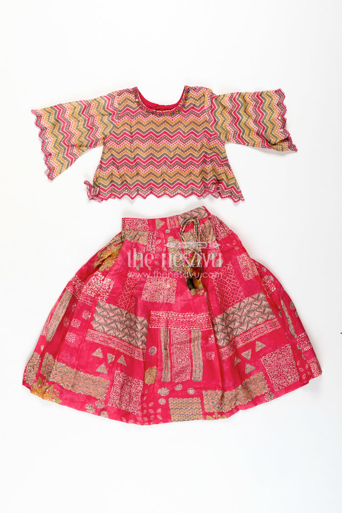 The Nesavu Girls Lehenga Choli Festival Lehenga for Girls Embroidered Ethnic Outfit Nesavu Nesavu Pink Girls Festival Lehenga Digital Print Zigzag Pattern Blouse Ethnic Styling