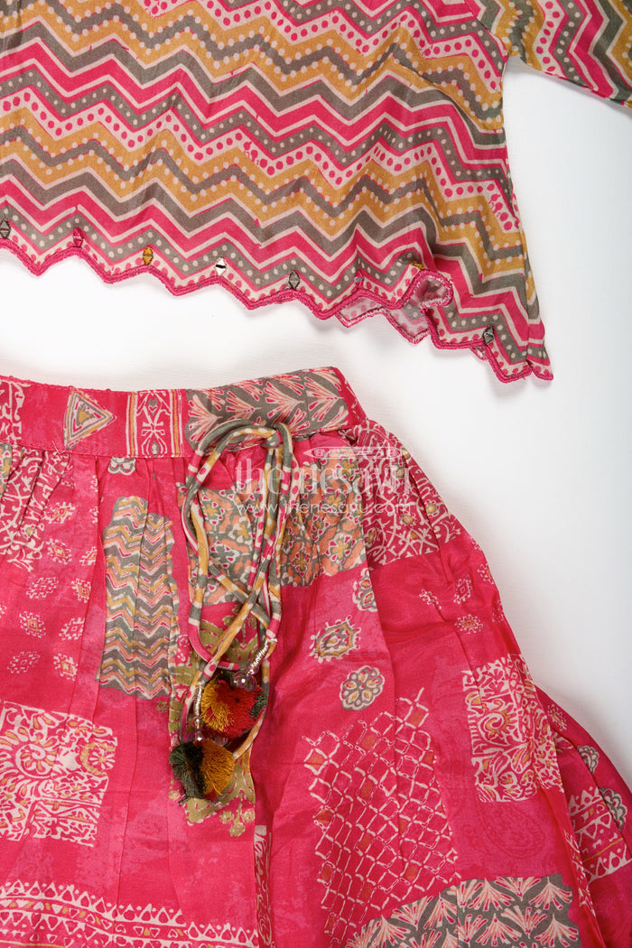 The Nesavu Girls Lehenga Choli Festival Lehenga for Girls Embroidered Ethnic Outfit Nesavu Nesavu Pink Girls Festival Lehenga Digital Print Zigzag Pattern Blouse Ethnic Styling