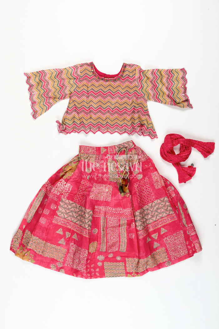 The Nesavu Girls Lehenga Choli Festival Lehenga for Girls Embroidered Ethnic Outfit Nesavu Nesavu Pink Girls Festival Lehenga Digital Print Zigzag Pattern Blouse Ethnic Styling