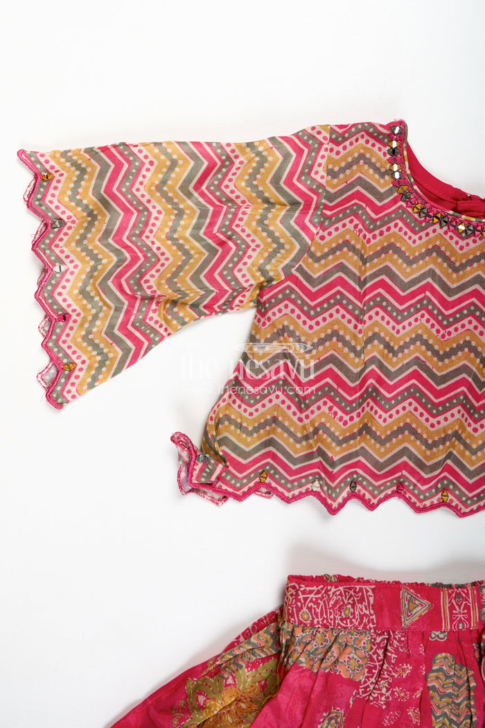 The Nesavu Girls Lehenga Choli Festival Lehenga for Girls Embroidered Ethnic Outfit Nesavu Nesavu Pink Girls Festival Lehenga Digital Print Zigzag Pattern Blouse Ethnic Styling
