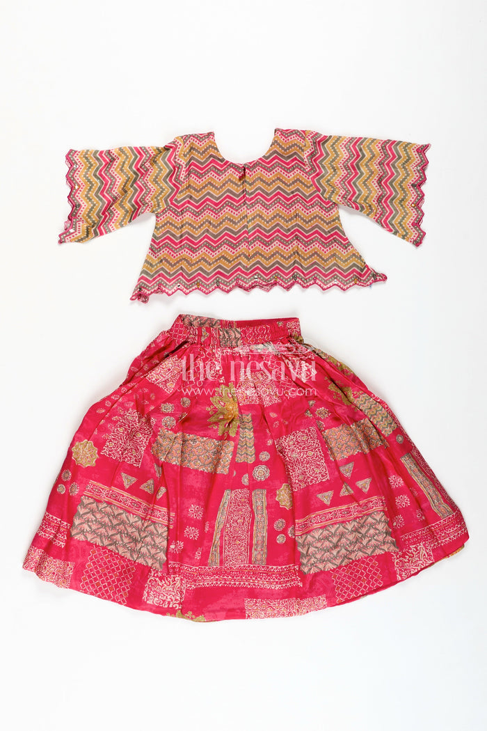 The Nesavu Girls Lehenga Choli Festival Lehenga for Girls Embroidered Ethnic Outfit Nesavu Nesavu Pink Girls Festival Lehenga Digital Print Zigzag Pattern Blouse Ethnic Styling