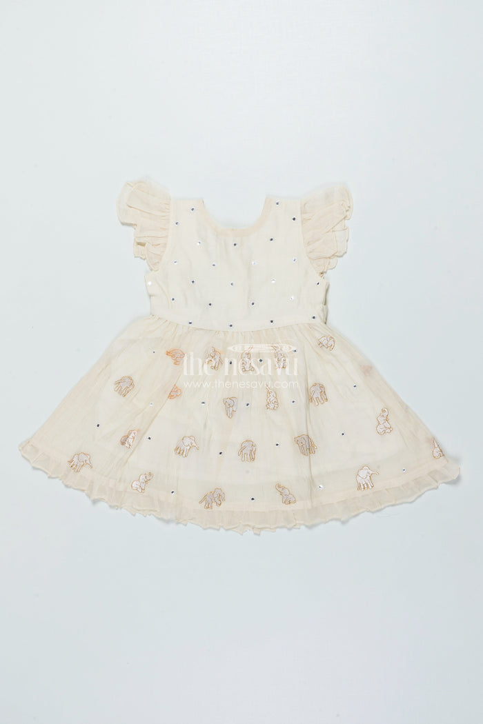 The Nesavu Girls Chanderi Frock Festive Chanderi Frock for Baby Girls for Cultural Events and Rituals Nesavu 16 (1Y) / Cream GFC1998A-16 Nesavu festive chanderi embroidered frock baby girls cultural events traditional rituals