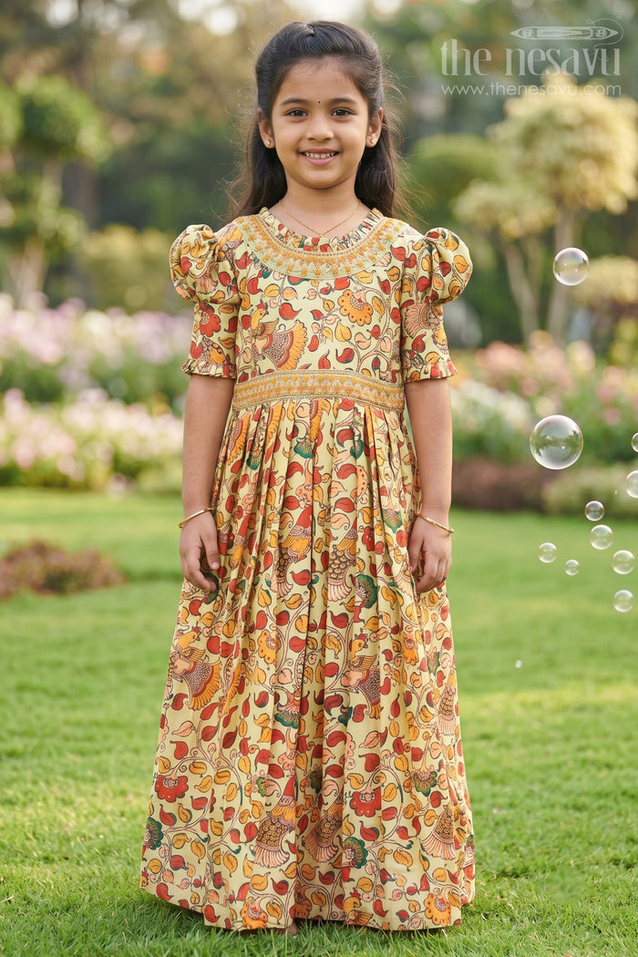 The Nesavu Girls Silk Gown Festive Foliage Green Anarkali Gown for Girls with Traditional Print Nesavu 16 (1Y) / Green / Blend Silk GA202A-16 Traditional Print Green Anarkali Dress for Girls | The Nesavu