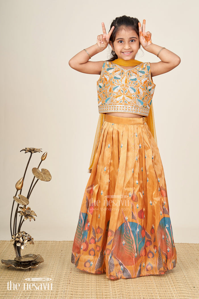 The Nesavu Girls Lehenga Choli Festive Lehenga For Girls Embellished Partywear Skirt Nesavu 24 (5Y) / Yellow GL493B-24 Nesavu Yellow Modal Silk Girls Lehenga Floral Embellishments Graduation Special Occasions