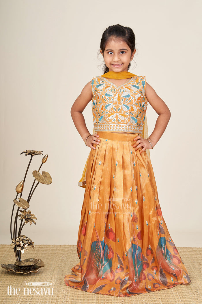 The Nesavu Girls Lehenga Choli Festive Lehenga For Girls Embellished Partywear Skirt Nesavu Nesavu Yellow Modal Silk Girls Lehenga Floral Embellishments Graduation Special Occasions
