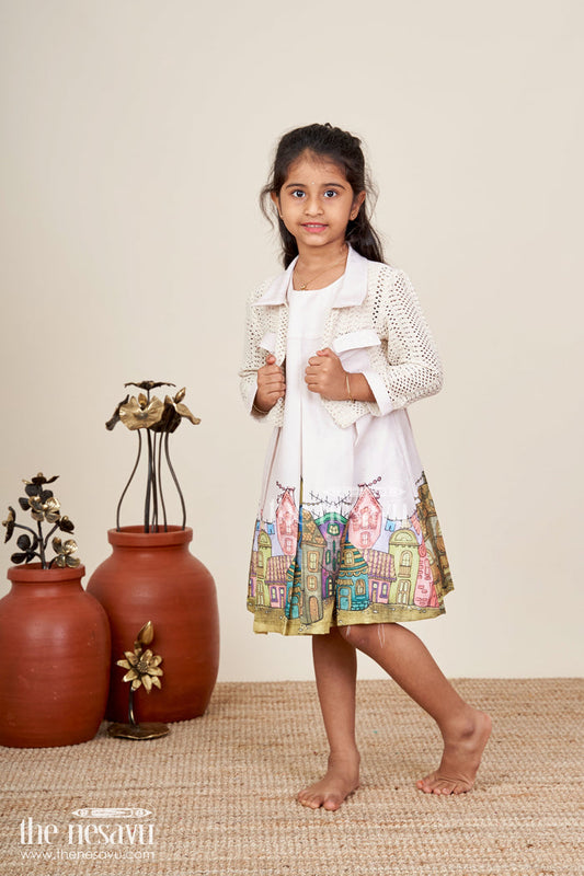 The Nesavu Girls Fancy Frock Festive printed frock with matching jacket for toddler girls Nesavu 20 (3Y) / Blue GFC1830B-20 Nesavu toddler girl printed frock layered jacket school functions festive photoshoots