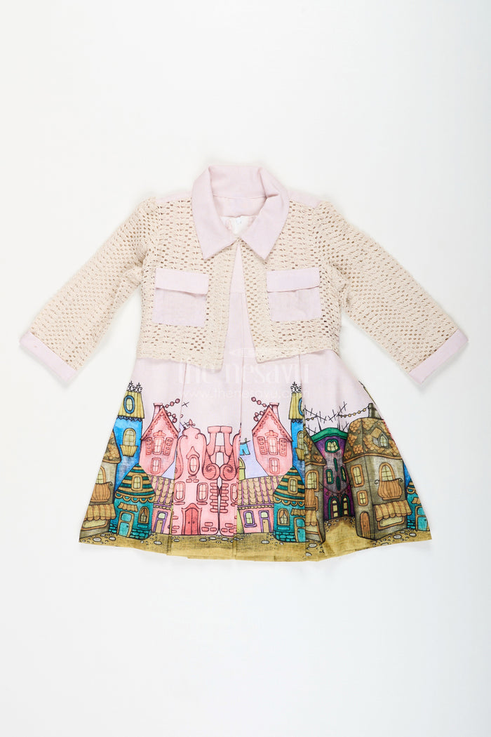 The Nesavu Girls Fancy Frock Festive printed frock with matching jacket for toddler girls Nesavu Nesavu toddler girl printed frock layered jacket school functions festive photoshoots