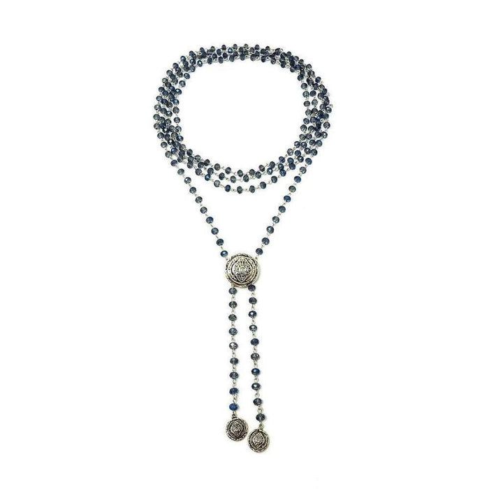 Blue beaded wrap necklace with silver accents.
