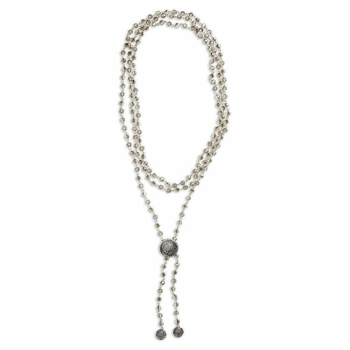 Smoky quartz beaded lariat necklace with antique silver accents.