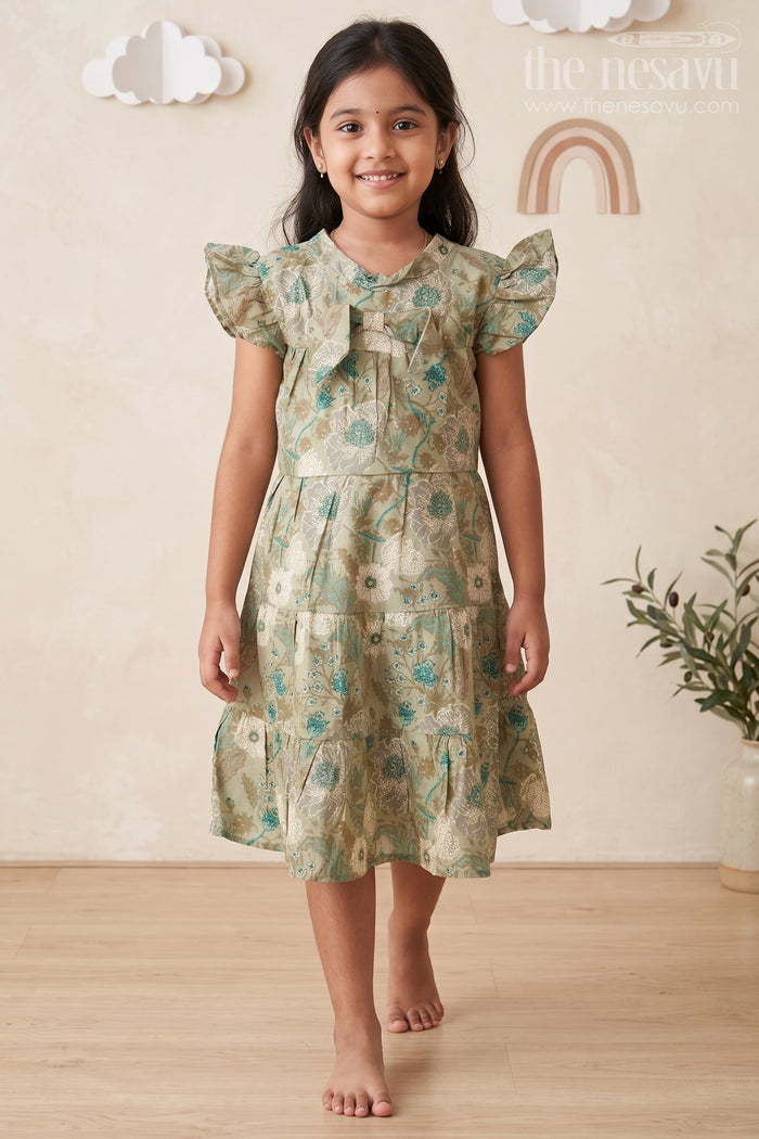 The Nesavu Girls Cotton Frock Flora Frock Dress in Modal Silk Modal Silk with Green Botanical Digital Print and Layered Ruffle Hem Nesavu 18 (2Y) / Green GFC1695A-18 Flora Frock Dress Girls Modal Silk Botanical Green Digital Floral Print | The Nesavu