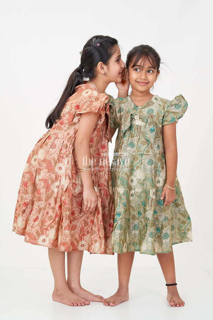 The Nesavu Girls Cotton Frock Flora Frock Dress in Modal Silk Modal Silk with Green Botanical Digital Print and Layered Ruffle Hem Nesavu Nesavu Flora Frock Dress Girls Modal Silk Botanical Green Digital Floral Print