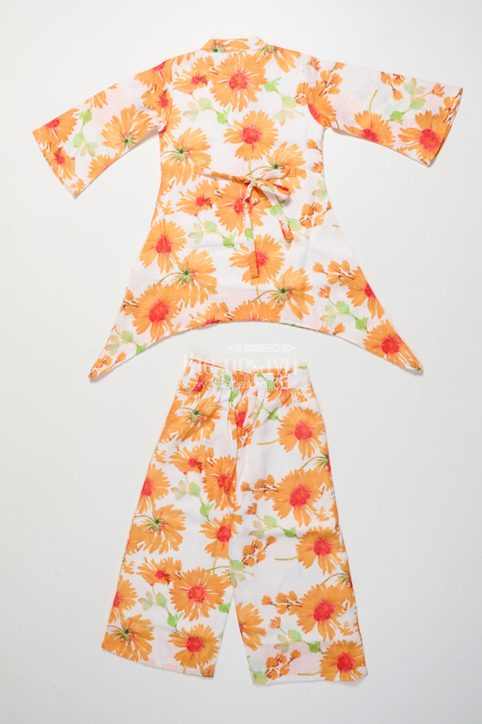 The Nesavu Girls Casual Set Floral Cotton Kurta Pant Set with Asymmetrical Hem for Casual Wear Nesavu Nesavu girls floral cotton kurta set asymmetrical hem straight pants