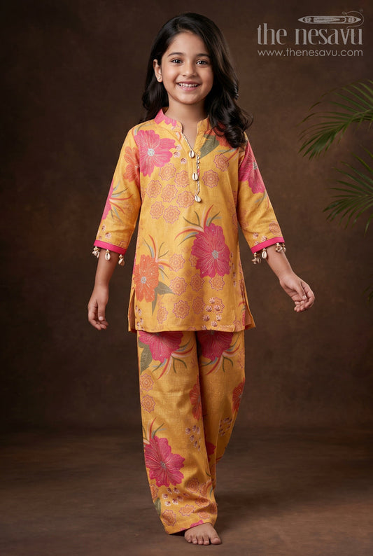 The Nesavu Girls Co-Ord Sets Floral Cotton Sharara Set with Cheerful Digital Print Nesavu 24 (5Y) / Yellow GPS667A-24 Nesavu cotton floral printed sharara set  girls casual ethnic wear