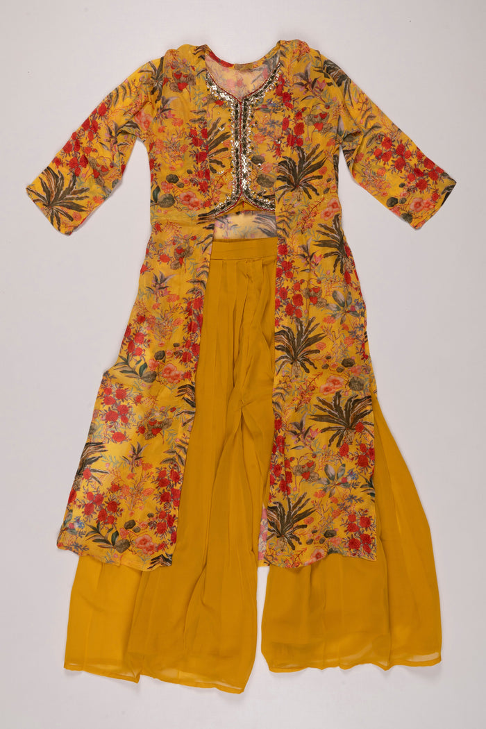 The Nesavu Girls Sharara / Plazo Set Floral Crop Top and Palazzo Pant Set with Jacket for Girls - Sunny Yellow Nesavu 24 (5Y) / Yellow GPS267A-24 Girls Yellow Floral Crop Top Palazzo Set | Stylish Jacket Outfit for Kids | The Nesavu