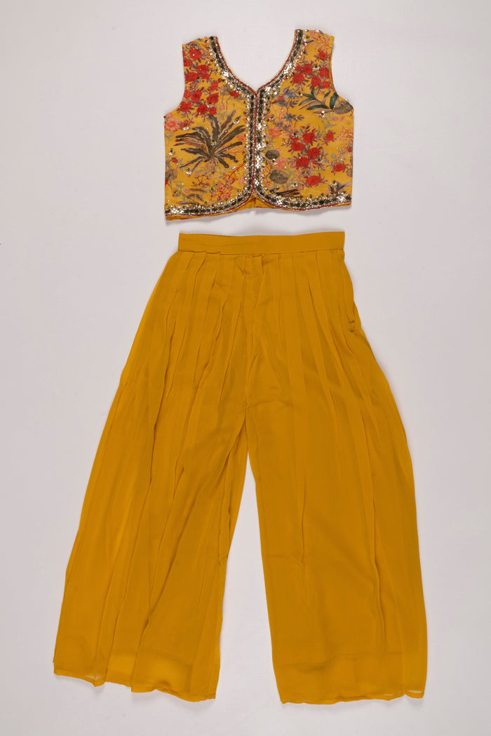 The Nesavu Girls Sharara / Plazo Set Floral Crop Top and Palazzo Pant Set with Jacket for Girls - Sunny Yellow Nesavu Girls Yellow Floral Crop Top Palazzo Set | Stylish Jacket Outfit for Kids | The Nesavu