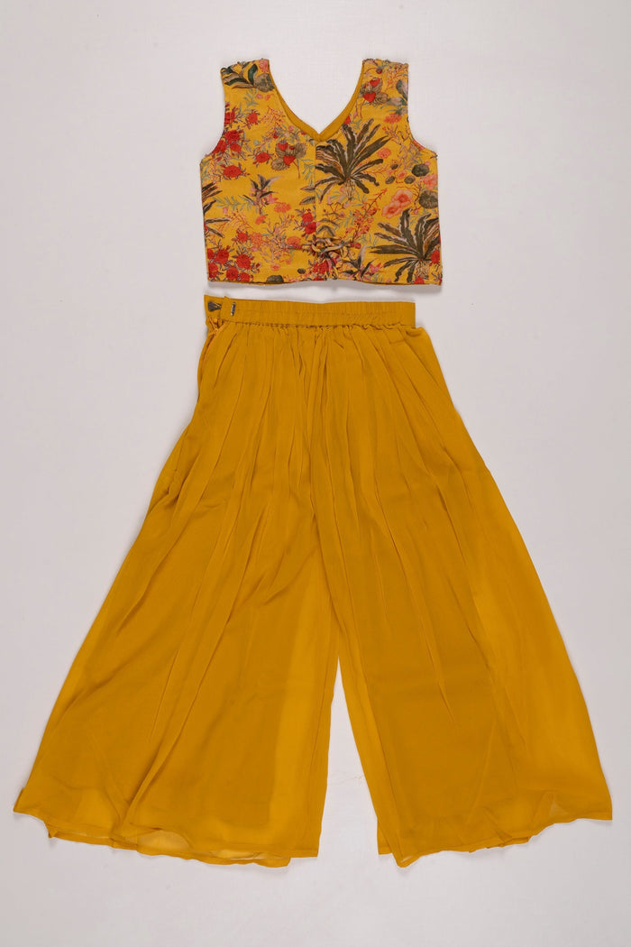 The Nesavu Girls Sharara / Plazo Set Floral Crop Top and Palazzo Pant Set with Jacket for Girls - Sunny Yellow Nesavu Girls Yellow Floral Crop Top Palazzo Set | Stylish Jacket Outfit for Kids | The Nesavu