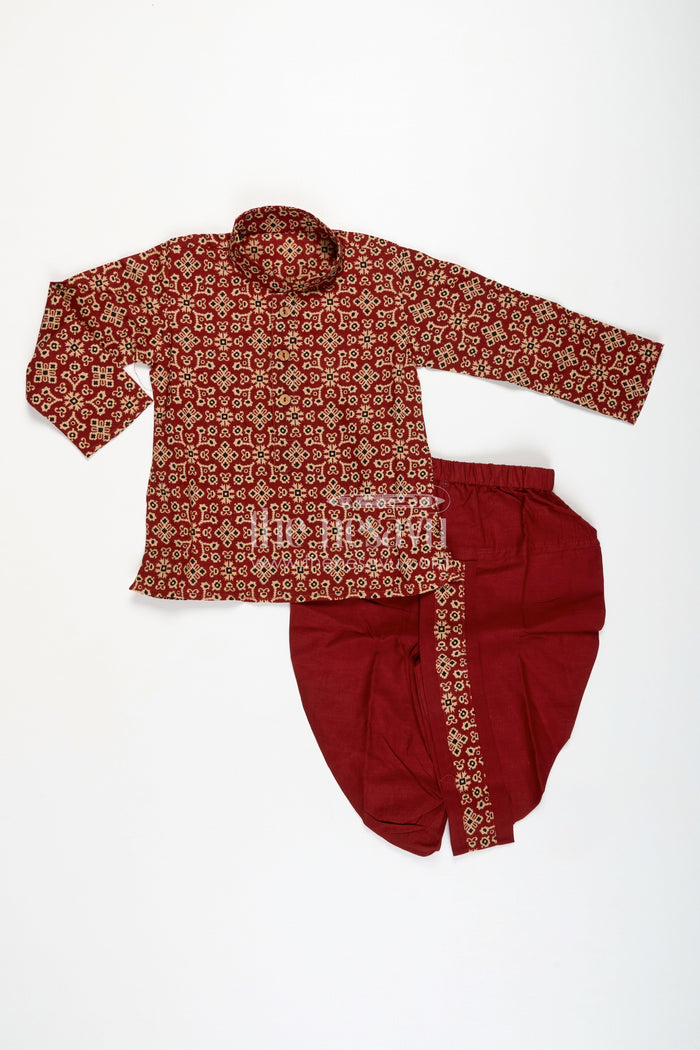 The Nesavu Boys Dothi Set Floral Dhoti Set for Boys Festive Wear with Digital Print Nesavu 12 (3M) / Maroon BES722A-12 Nesavu Maroon Boys Classic Dhoti Set Cotton Digital Print Kurta Festive Border Detailing