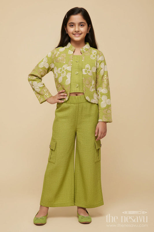 The Nesavu Girls Co-Ord Sets Floral Embroidered Girls Co-Ord Set with Jacket Perfect for Ethnic School Events and Festive Days Nesavu 24 (5Y) / Green GPS638B-24 Nesavu girls floral embroidered co-ord set jacket festive school ethnic day ready outfit