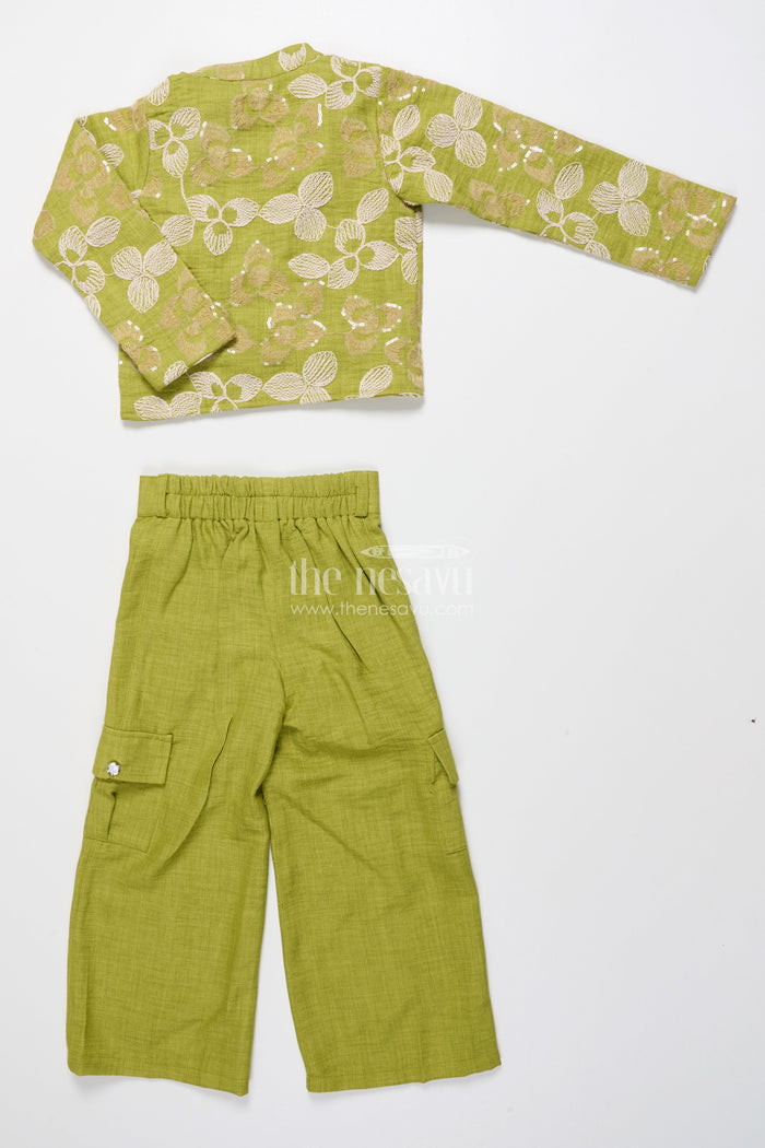 The Nesavu Girls Co-Ord Sets Floral Embroidered Girls Co-Ord Set with Jacket Perfect for Ethnic School Events and Festive Days Nesavu Nesavu girls floral embroidered co-ord set jacket festive school ethnic day ready outfit