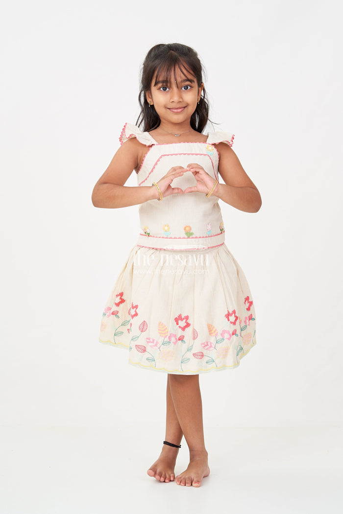 The Nesavu Baby Cotton Frocks Floral Frock Suit for Babies in Soft Cotton with Embroidered Skirt and Cute Ruffle Strap Top Nesavu 18 (2Y) / Half white BFJ782A-18 Nesavu Baby Girls Floral Frock Suit Cotton Colorful Embroidered Skirt Ruffle Strap Top