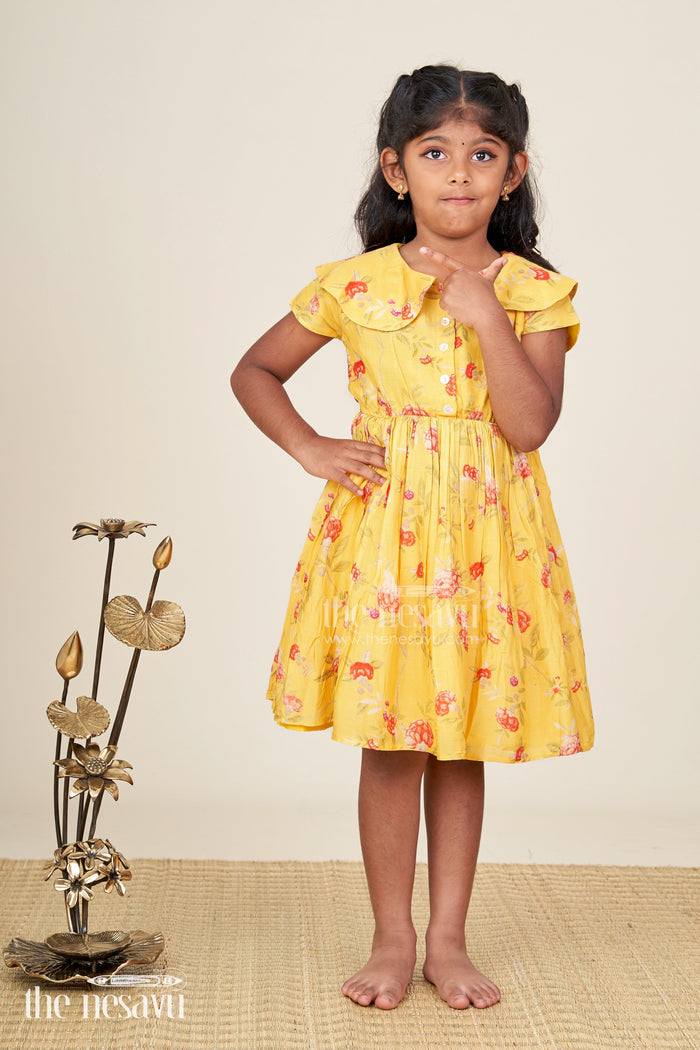 The Nesavu Girls Cotton Frock Floral Frock With Peter Pan Collar For Baby Girls Nesavu 20 (3Y) / Yellow GFC1858A-20 Nesavu Yellow Cotton Printed Frock Baby Girls Floral Design Peter Pan Collar