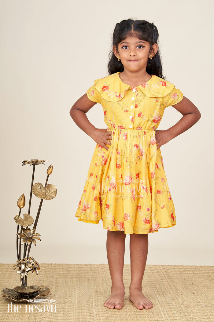 The Nesavu Girls Cotton Frock Floral Frock With Peter Pan Collar For Baby Girls Nesavu Nesavu Yellow Cotton Printed Frock Baby Girls Floral Design Peter Pan Collar
