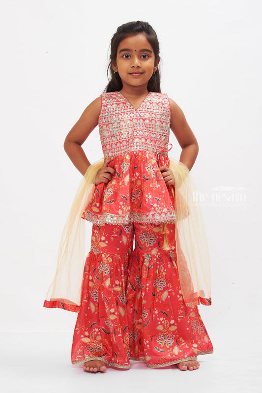 The Nesavu Girls Sharara / Plazo Set Floral Fusion Kurti with Gharara Pant Set for Girls in Radiant Red Nesavu 16 (1Y) / Red GPS276A-16 Red Floral Kurti & Gharara Set for Girls | Festive & Traditional Kids Attire | The Nesavu