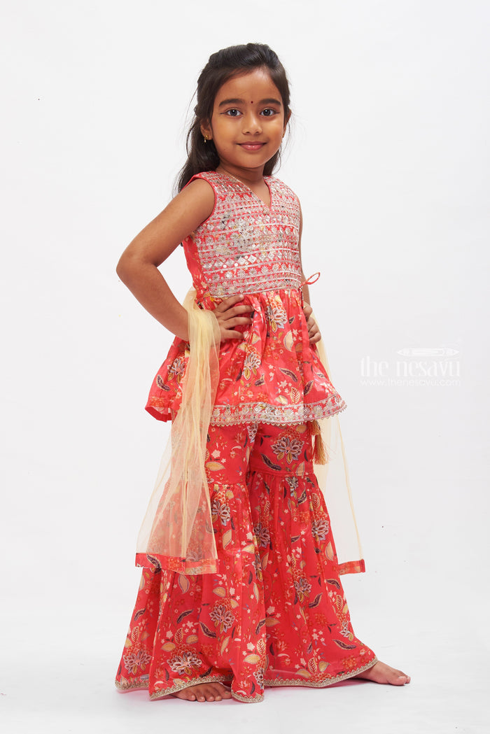 The Nesavu Girls Sharara / Plazo Set Floral Fusion Kurti with Gharara Pant Set for Girls in Radiant Red Nesavu Red Floral Kurti & Gharara Set for Girls | Festive & Traditional Kids Attire | The Nesavu