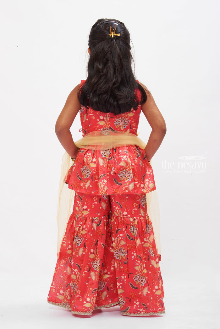 The Nesavu Girls Sharara / Plazo Set Floral Fusion Kurti with Gharara Pant Set for Girls in Radiant Red Nesavu Red Floral Kurti & Gharara Set for Girls | Festive & Traditional Kids Attire | The Nesavu