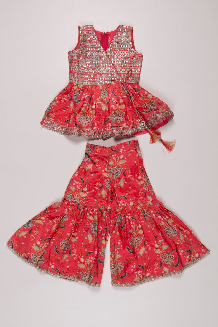 The Nesavu Girls Sharara / Plazo Set Floral Fusion Kurti with Gharara Pant Set for Girls in Radiant Red Nesavu 16 (1Y) / Red GPS276A-16 Red Floral Kurti & Gharara Set for Girls | Festive & Traditional Kids Attire | The Nesavu